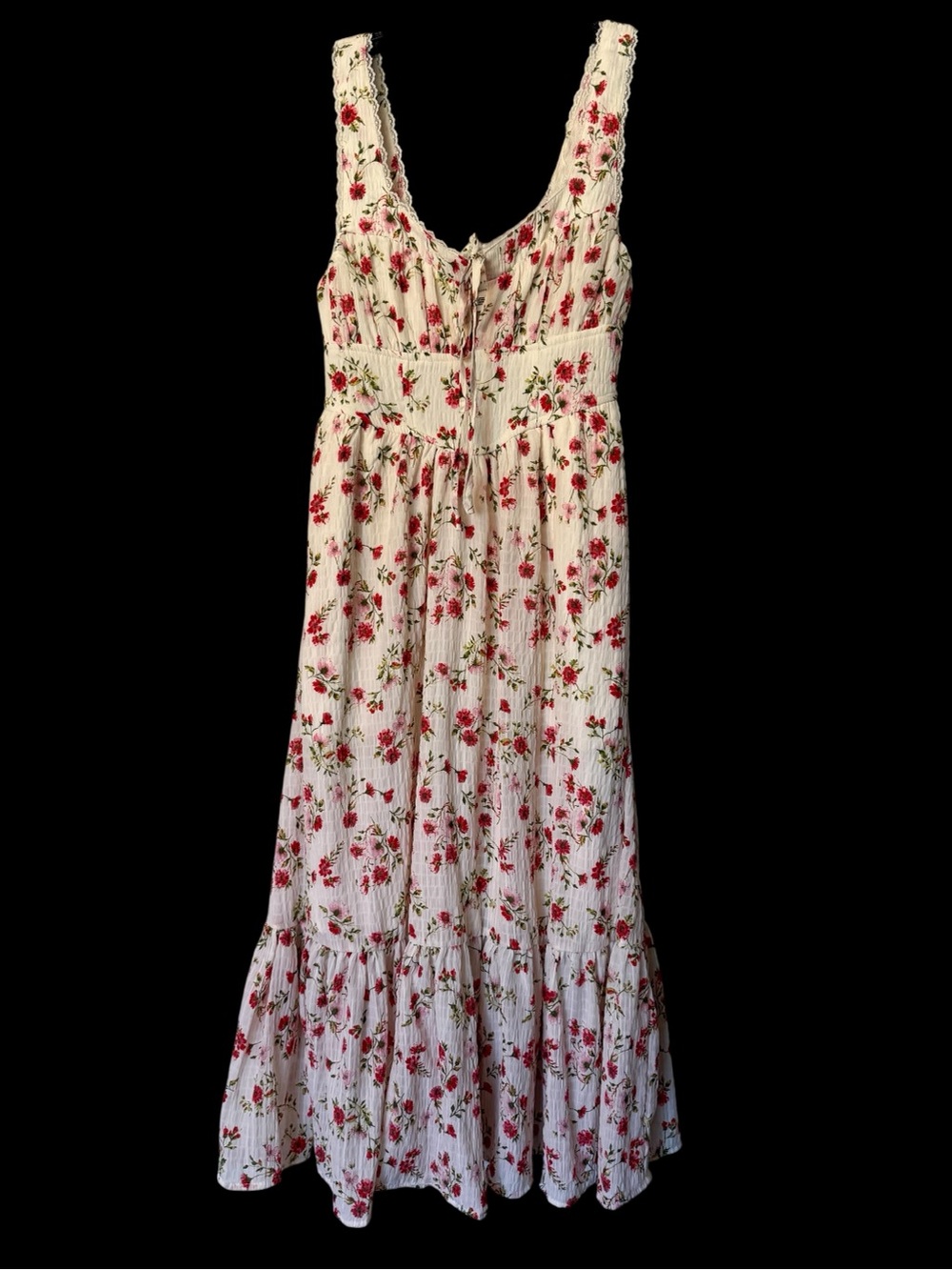 Cream Maxi Dress with Red Floral Print and Tie Front